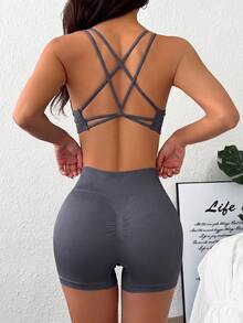 Slayform Slayform Áo ngực thể thao không đường may hở lưng dây cổ màu trơn - Màu xám đen - Xem 7