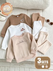 SHEIN Vintaside Kids 3件組女孩愛心圖案運動衫與長褲套裝，秋冬圓領長袖套頭衫與長褲套裝，米色/卡其色/白色 - 彩色 - 查看 1