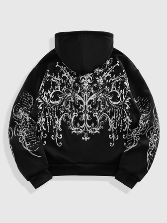 Men's Dark Gothic Print Loose Zip-Up Hooded Sweatshirt