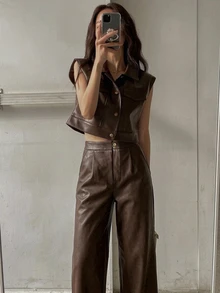 DAZY 女款秋冬 PU 皮革單排扣背心與長褲休閒兩件套 - 棕色 - 查看 5