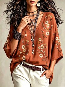 Glimmora 波希米亞風仿刺繡花卉印花女款上衣，寬鬆V領蝙蝠袖七分袖修身上衣，休閒度假旅行襯衫，適合鄉村與海灘 - 彩色 - 查看 4