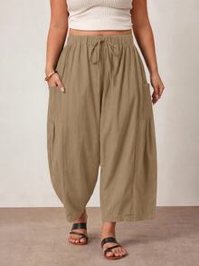 Enliva Plus Size Loose Fit Drawstring Casual Cropped Pants - Khaki - View 7