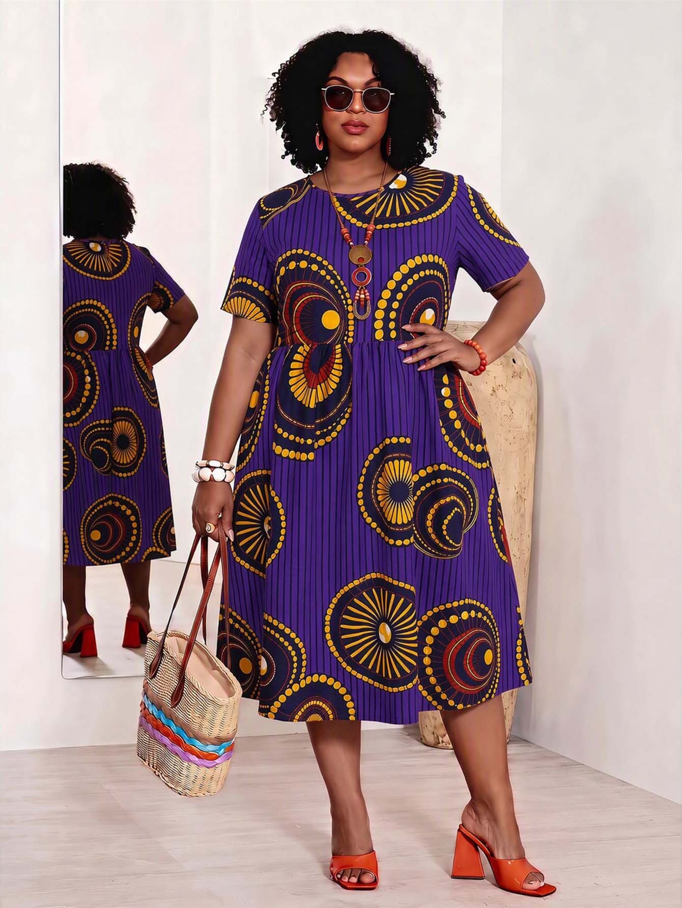 EMERY ROSE Plus Size Women's Geometric Pattern Round Neck Short Sleeve Casual Dress - Purple - View 1