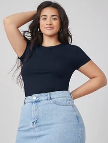 SHEIN BASICS Plus Round Neck Solid Slim Tee Summer Tops - Navy Blue - View 5
