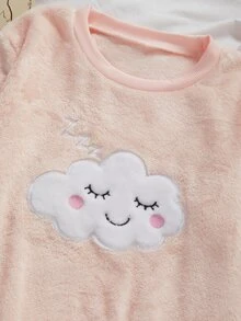 Tween Girl Cartoon Cloud Embroidered Top And Plaid Pants Loungewear Set - Pink - View 6