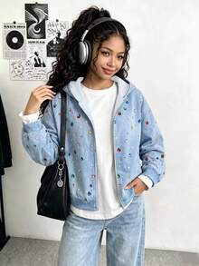 SHEIN Sparklyn 青少年女孩 Y2K 風格仿丹寧連帽衛衣，保暖抓絨，滿版寶石印花拉鍊上衣 - 藍色 - 查看 1