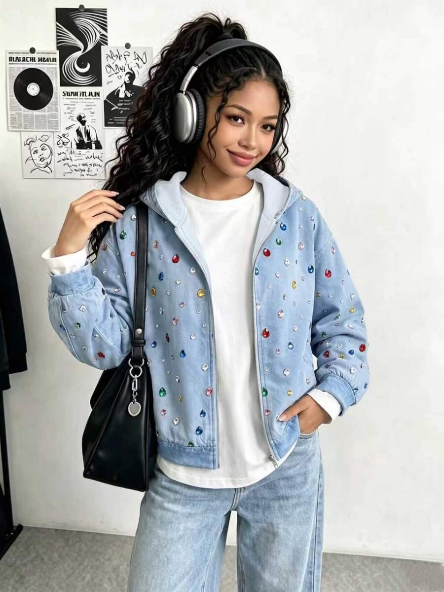 SHEIN Sparklyn 青少年女孩 Y2K 風格仿丹寧連帽衛衣,保暖抓絨,滿版寶石印花拉鍊上衣 - 藍色 - 查看 1
