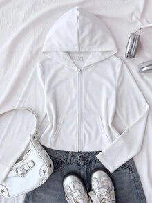Tween Girl Autumn/Winter New Light Gray Zip-Up Knit Sweatshirt - White - View 3