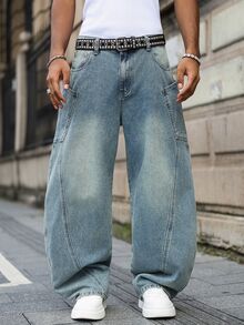 Major Grit Celana Jeans Denim Pria Model Lebar, Longgar, Kasual, Serbaguna dengan Kantong - Light Wash - View 3