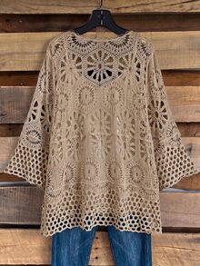 Rusticease Plus Size Hollow Knit Lace-Up Thin Cardigan - Camel - View 2