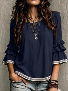 Glimmora Blus Wanita Musim Panas/Gugur Terbaru, Model French Casual, Longgar, Berkerut, Lengan 3/4 Mengembang, Warna Blok, Gaya Prancis, Lengan 3/4. - Navy Blue - View 1