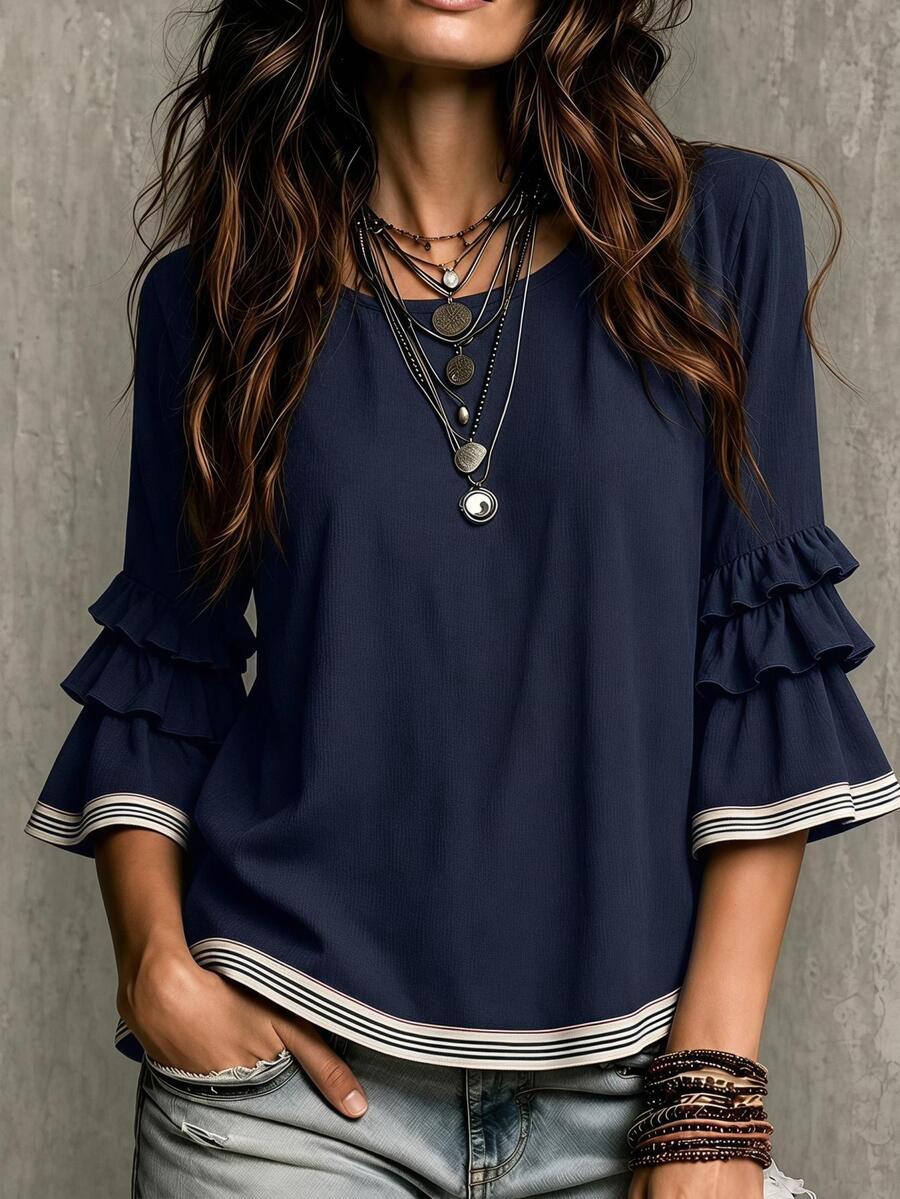 Glimmora Blus Wanita Musim Panas/Gugur Terbaru, Model French Casual, Longgar, Berkerut, Lengan 3/4 Mengembang, Warna Blok, Gaya Prancis, Lengan 3/4. - Navy Blue - View 1
