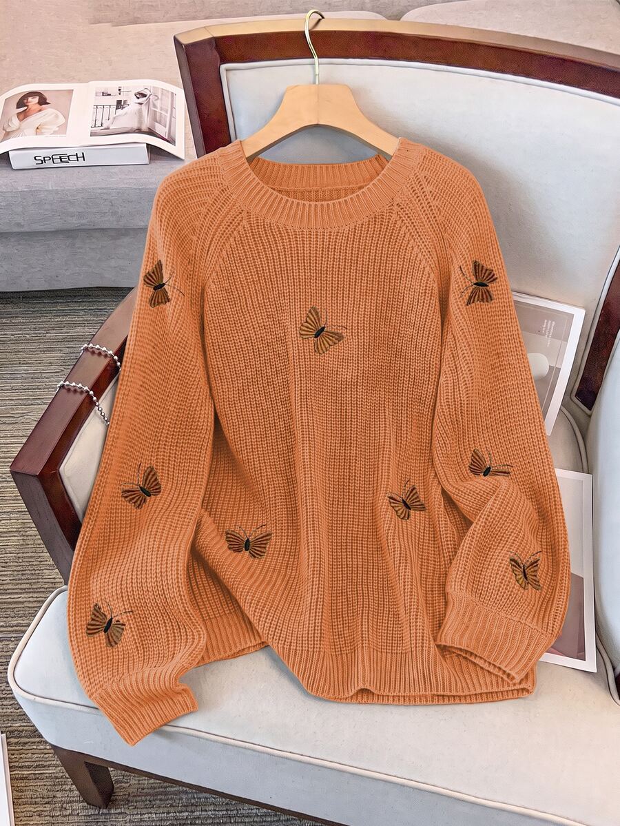 Linhara CURVE Women's Solid Color Knit Bow Embroidery Long Sleeve Regular Elegant Autumn/Winter Pullover Sweater - Orange - View 1