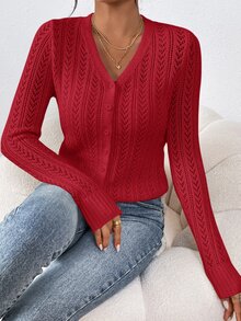 SHEIN Frenchy 女款純色長袖單排扣鏤空針織開襟衫 - 紅色 - 查看 5
