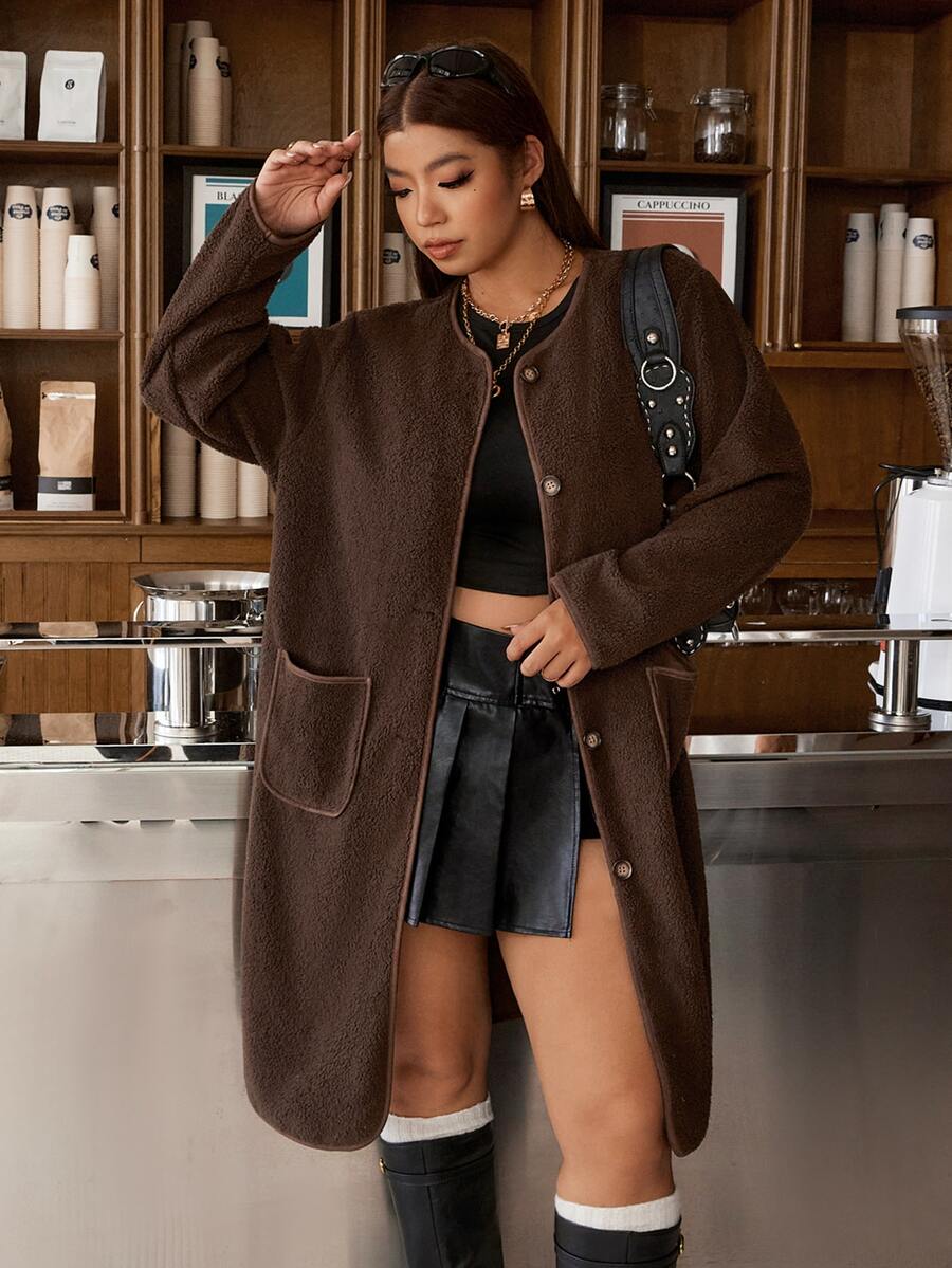 Muchica Women's Plus-Size Brown Single-Breasted Casual Mid-Length Coat In Faux Shearling, Featuring Pockets; Suitable For Autumn And Winter. - Brown - View 1