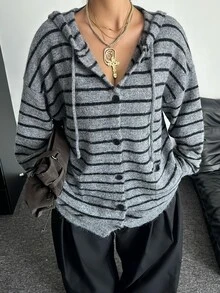 POPSWAY Autumn/Winter Versatile Casual Loose Slouchy Striped Colorblock Hooded Cardigan Sweater - Grey - View 6