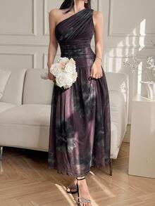 DAZY Women's Floral Print One-Shoulder Ruched Elegant Waist-Cinched Dress - Purple - View 4