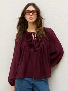 COSMINA Women's Pleated Balloon Sleeve Chiffon Blouse Brunch Everyday Burgundy Autumn Elegant Boho - Burgundy - View 7