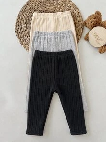 SHEIN 女嬰秋冬可愛百搭純色保暖內裡鬆緊腰修身內搭褲 3件組 - 彩色 - 查看 2