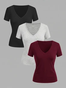 SHEIN EZwear 3件組女款純色V領短袖休閒T恤 - 彩色 - 查看 12