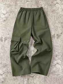 SHEIN Little Byeori 兒童青少年男孩休閒日常舒適工裝直筒寬鬆長褲，軍綠色工裝褲，新年，6-7歲適用，適合外出、約會、上學，春、夏、秋、冬 - 軍綠色 - 查看 5