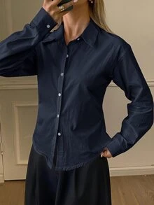 DAZY 女款純色收腰長袖領口優雅正式春夏襯衫 - 藏蓝色 - 查看 4