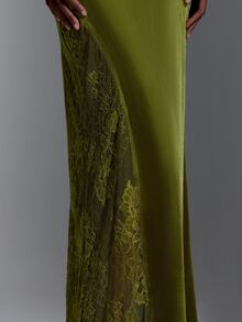 Elitara Elegant Olive Green Lace Velvet Stand Collar Long Sleeve Slit A-Line Bridesmaid Dress - Olive Green - View 6