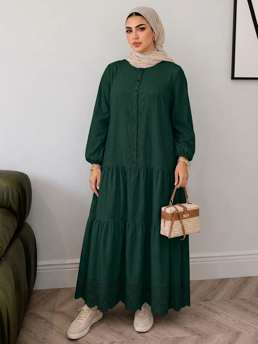Solavon Plus Size Women Solid Color Round Neck Long Sleeve Single-Breasted Casual Dress - Dark Green - View 1