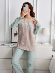 SHEIN Women 2 Pcs Slogan Embroidery Fuzzy Rib Knit Long Sleeve Long Pants Casual Winter Pajama Lounge Set - Multicolor - View 4