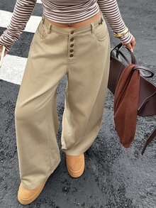 Dazy Plus Spring/Autumn New Vintage Washed Solid Color Casual High Waist Versatile Multi-Button Jeans - Apricot - View 1