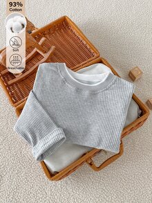 SHEIN Playful Pals Boys' Grey Ribbed 2 In 1 Long Sleeve Top, Loose & Comfortable, Minimalist Versatile Knit Sweater - Grey - View 5