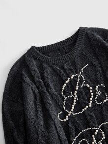 ROMWE MEN Street Life Men's Beaded Cable Knit Crew Neck Long Sleeve Loose Sweater - Grey - View 3