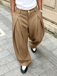 Major Grit Men's Young Street Style, INS Multi-Functional Item: Striped Khaki Loose Pleated Men's Long Pants, Best Choice For Holiday Gift - Khaki - View 3