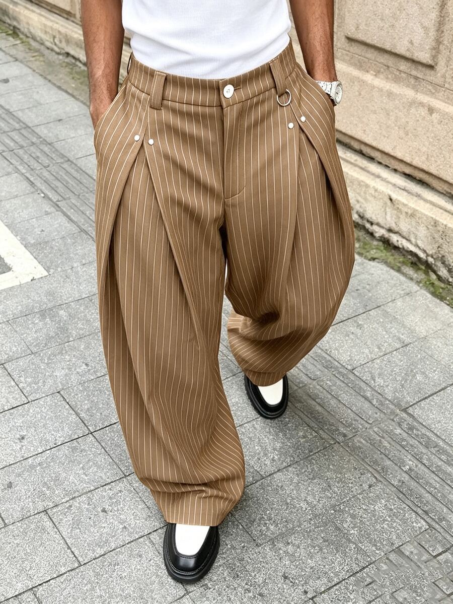 Major Grit Men's Young Street Style, INS Multi-Functional Item: Striped Khaki Loose Fold Pleated Wide Leg Long Pants, Best Choice For Holiday Gift - Khaki - View 1