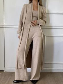 Livesso Tall Bộ đồ len nữ màu trơn gồm áo hai dây, áo choàng và quần dài cho mùa thu đông - Màu Khaki - Xem 6