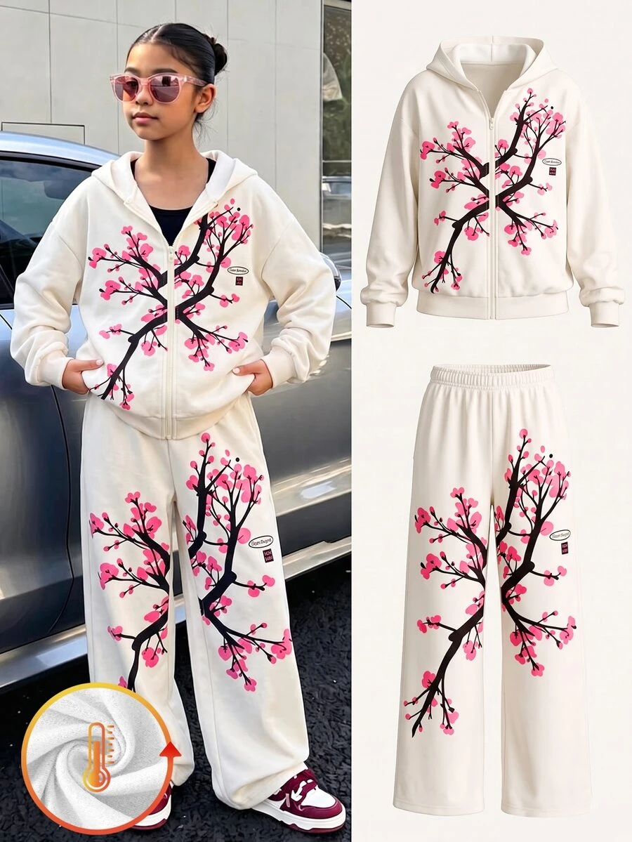 青少年女孩 T-Shirt 套裝,白色,短袖上衣 + 長褲 2 件套,寬鬆版型,日常穿著,時尚百搭,休閒,領口,圓領,印花,拉鍊,舒適,秋季,可愛 - 杏色 - 查看 1