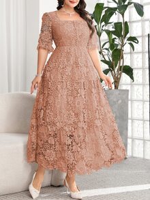 Reflora Plus Size Women's Lace Casual Romantic Elegant Party Wedding Formal Evening Dress Dusty Blue Summer - Dusty Pink - View 8