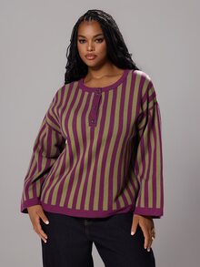 Rustia Sweater Pullover Kasual Longgar Lengan Panjang Bergaris Model Bahu Jatuh untuk Wanita Ukuran Besar Musim Dingin - Krem - View 1