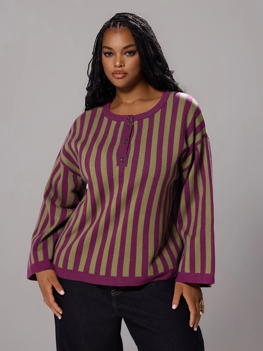 Rustia Sweater Pullover Kasual Longgar Lengan Panjang Bergaris Model Bahu Jatuh untuk Wanita Ukuran Besar Musim Dingin - Krem - View 1