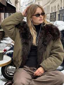 DAZY Women's Winter Fuzzy Patchwork Jacket - Dark Green - View 3