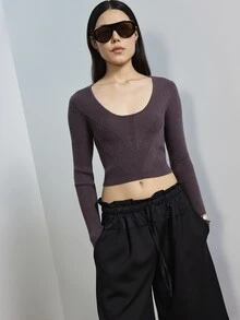 MERLEAU Women's Modern Cropped Fashion Long Sleeve Knit Top - Brown - View 5