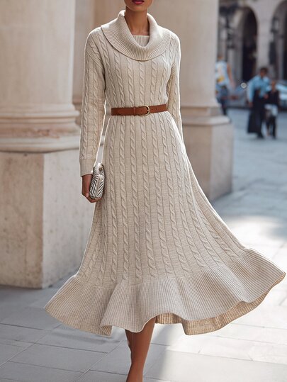 SHEIN Franclia Women's High Neck Long Sleeve Cable Knit Elegant Dress