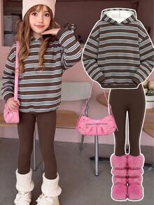 SHEIN 青少年女孩連帽落肩運動衫與緊身內搭褲2件套 - 彩色 - 查看 3