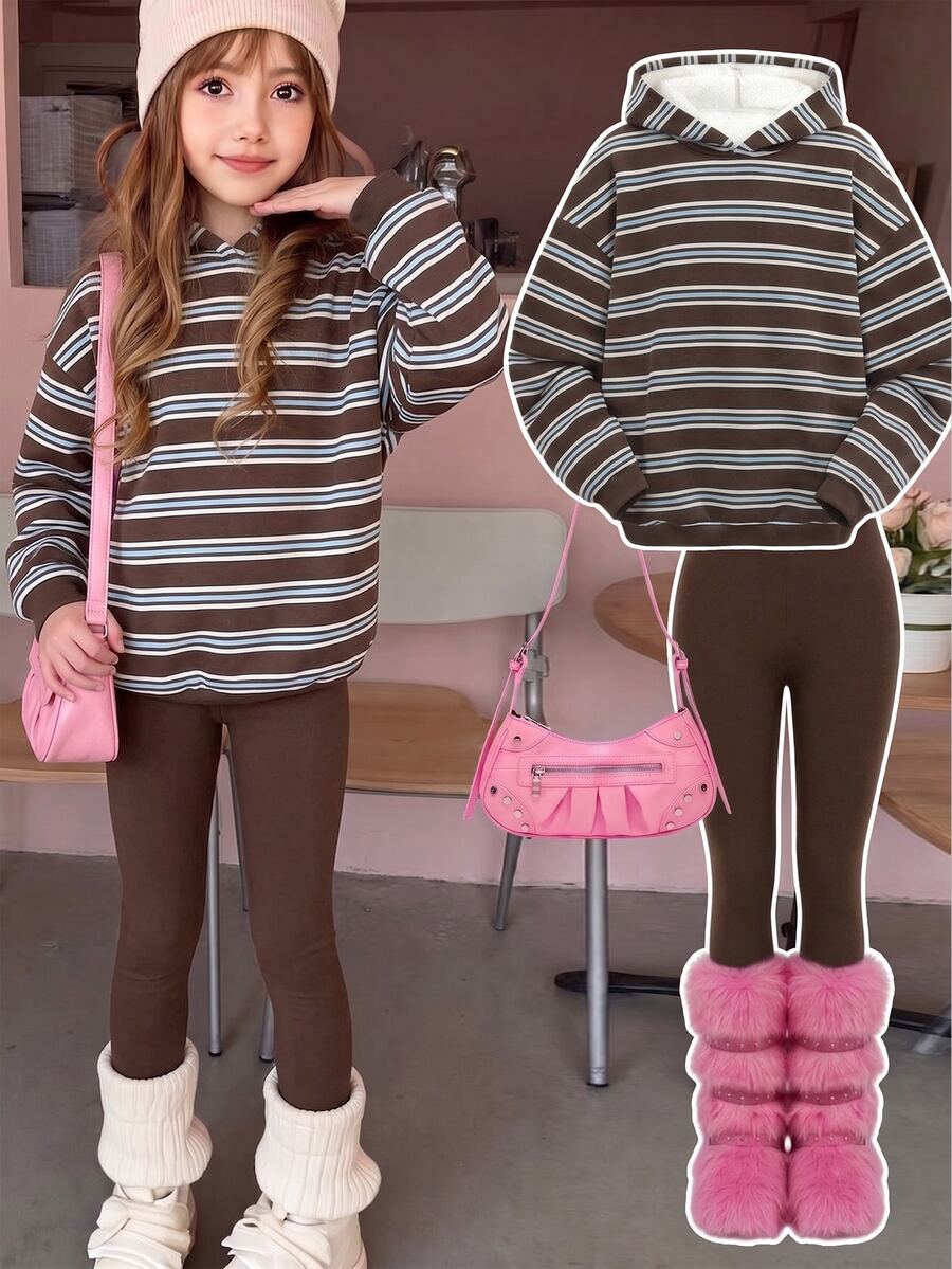 SHEIN Tween Girls Hooded Drop Shoulder Sweatshirt & Skinny Leggings 2pcs Set - Multicolor - View 1