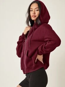 SHEIN BASICS 舒適抓絨落肩拉鍊連帽衛衣，秋冬長袖上衣 - 酒紅色 - 查看 5