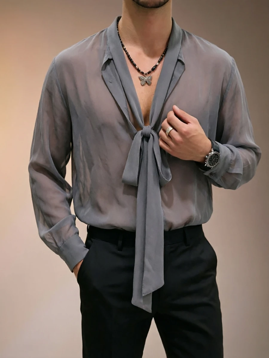ZURIURI Men's Sheer Sexy Casual Shirt With Ribbon - Grey - View 1