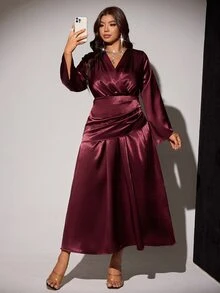 Viva Relle Plus Size Burgundy Satin V-Neck Fitted Ruched Waist Flared Long Sleeve Draped Asymmetrical Hem Evening Dress Fall - Burgundy - View 8