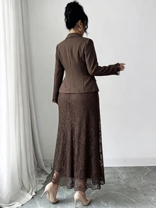 GlowEve CURVE Plus Size Women's Woven Regular Fit Autumn/Winter Elegant Commute Date Lady Professional Metal Square Buckle Cuff Lace Blazer And Side Ruffle Lace Skirt 2-Piece Set In Chocolate Brown - Chocolate Brown - View 2