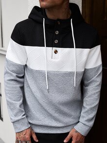 Manfinity CasualCool 男士黑白灰經典拼色連帽衛衣，四季百搭成熟休閒舒適居家穿搭連帽衫 - 彩色 - 查看 4