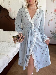 CottageSlumber Plus Size Women's Blue Plaid Cherry Print Open Front Lace Trim Lantern Sleeve Comfortable Draped Woven Bubble Crinkle Pastoral Romantic Waist Tie Long Sleeve Robe Bathrobe - Blue - View 1